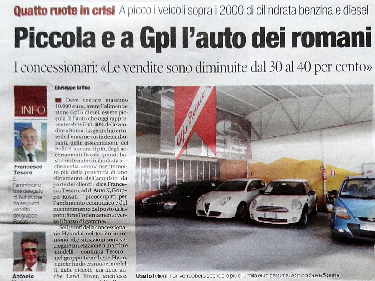 Il Tempo, 5 settembre 2012, “Piccola e a GPL l’auto dei romani”, un mondo lontano, portafogli vuoti e paura